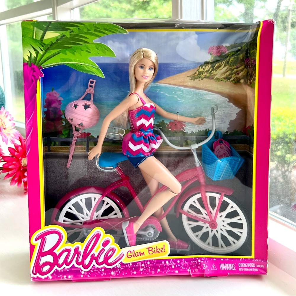 NEW Barbie Glam Bike Pink Helmet Blue Basket Jointed Doll Kids Toy Bicycle Set